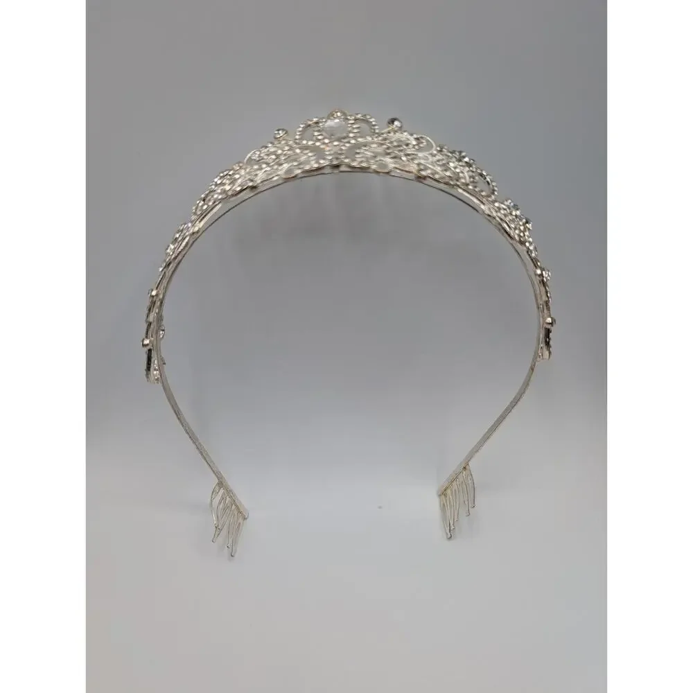 Elegant Silver Tone Rhinestone Tiara Headband Crown with Combs Wedding Prom